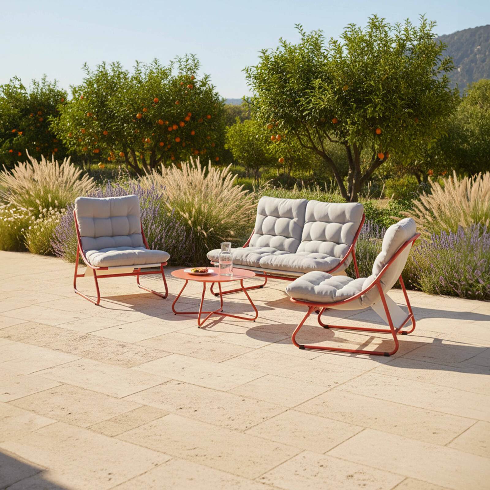 Mueble de jardín metálico de 4 plazas con 1 sofá, 2 sillones y mesa de centro.