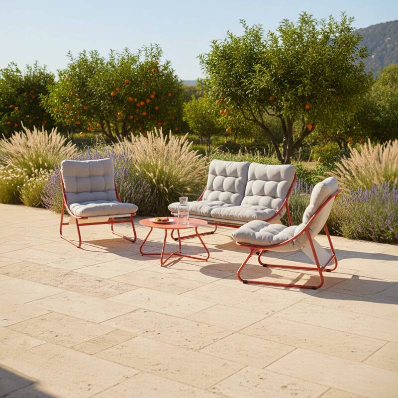 Mueble de jardín metálico de 4 plazas con 1 sofá, 2 sillones y mesa de centro.