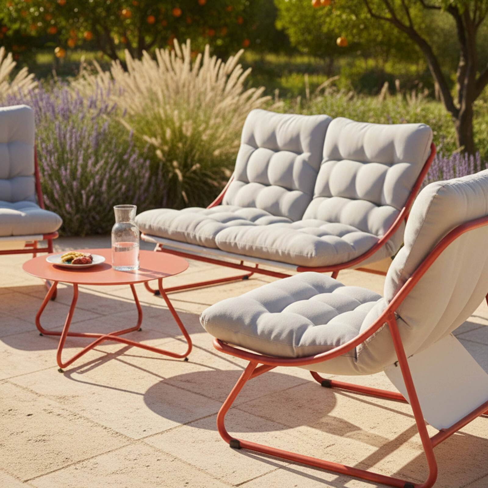 Mueble de jardín metálico de 4 plazas con 1 sofá, 2 sillones y mesa de centro.