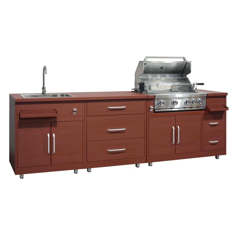 Cocina de exterior de metal con fregadero de exterior, barbacoa y almacenaje - 3 módulos