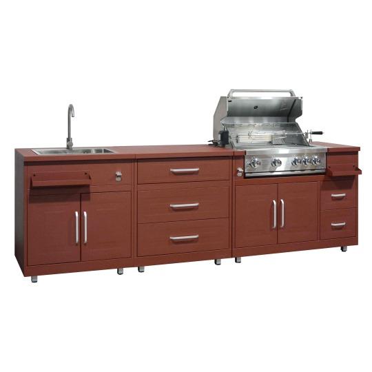 Cocina de exterior de metal con fregadero de exterior, barbacoa y almacenaje - 3 módulos | Oviala