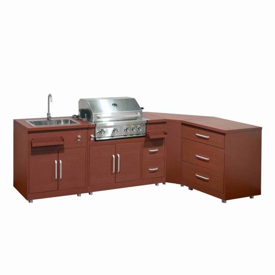 Cocina de exterior de metal de esquina con fregadero de exterior, barbacoa y almacenaje - 4 módulos | Oviala