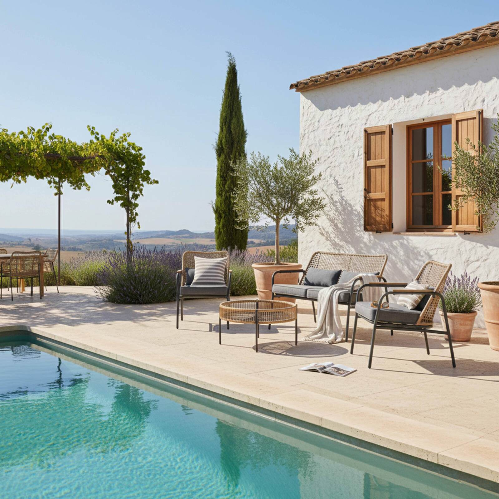 Mueble de jardín de ratán de 4 plazas con sofá, 2 sillones y mesa de centro.