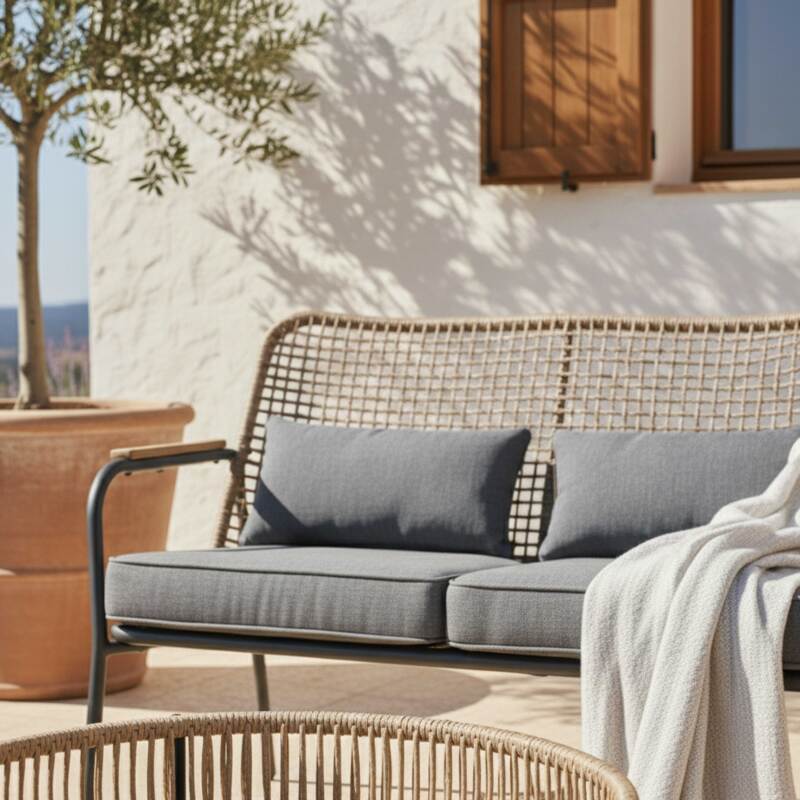 Mueble de jardín de ratán de 4 plazas con sofá, 2 sillones y mesa de centro. (4/9)