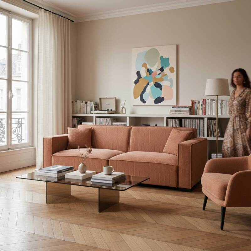 Sofá de 3 plazas de pana con cojines