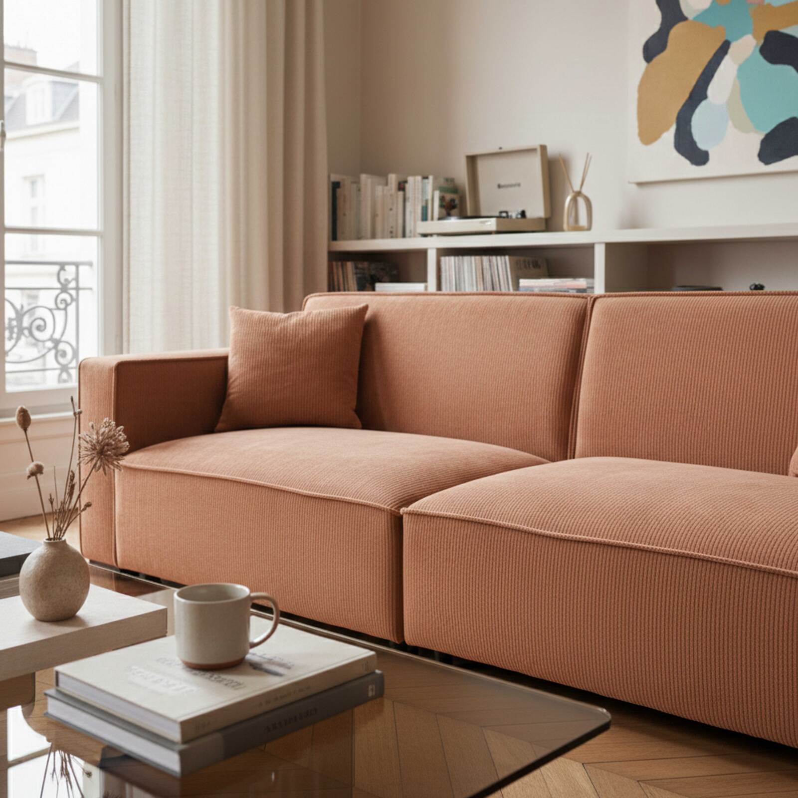 Sofá de 3 plazas de pana con cojines