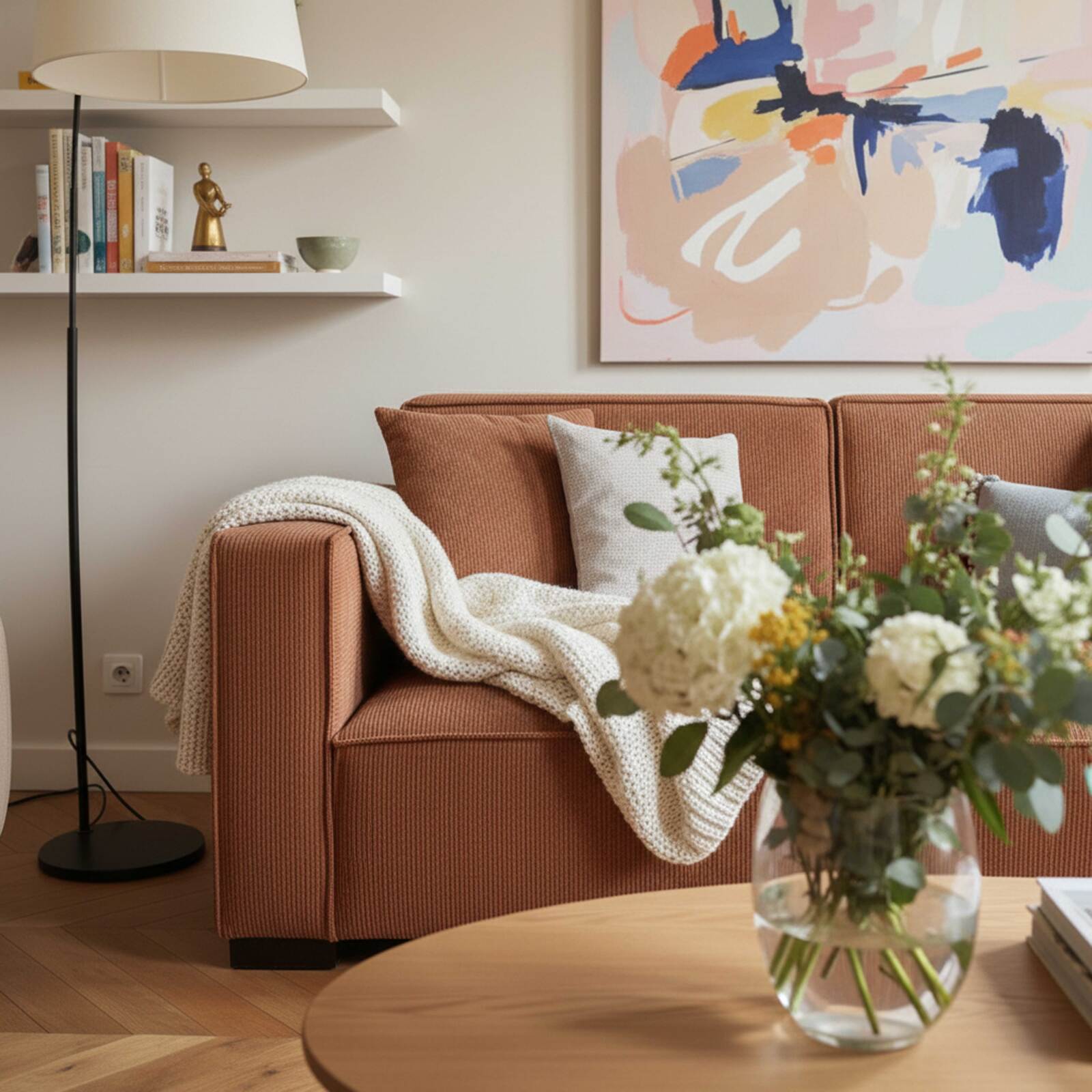 Sofá de 2 plazas de pana con cojines