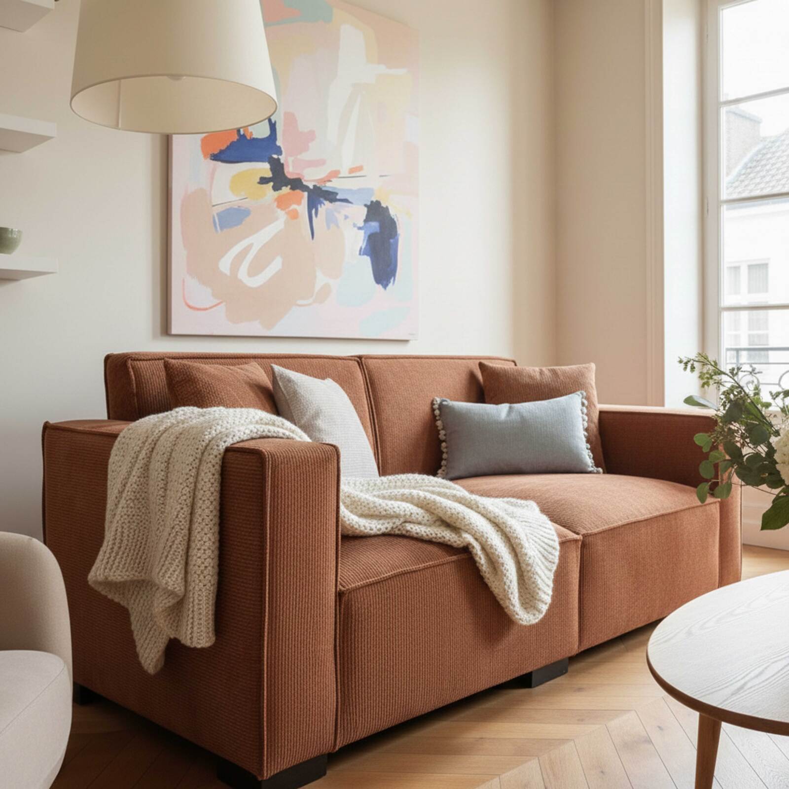 Sofá de 2 plazas de pana con cojines