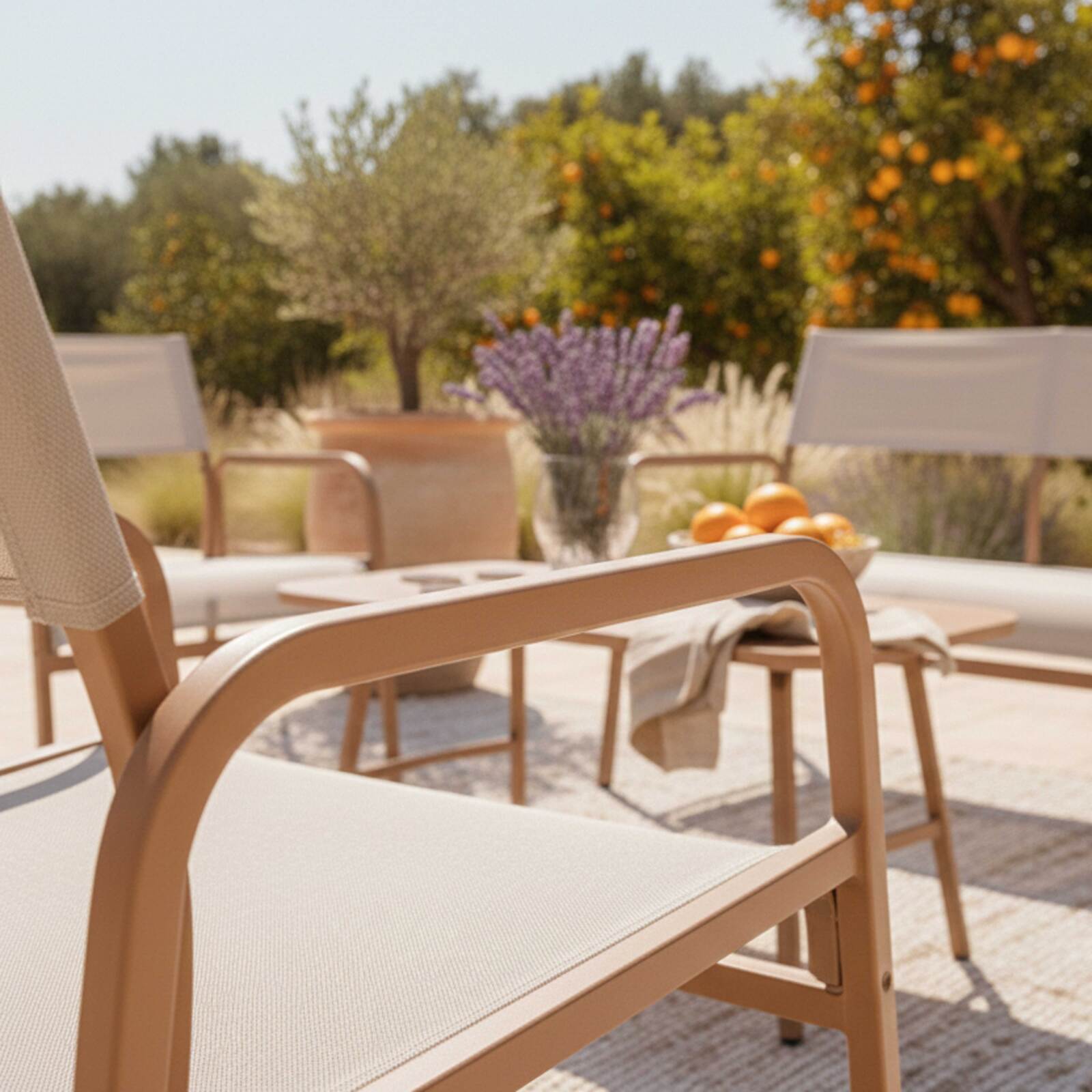 Conjunto de sofás de jardín de metal y textileno de 4 plazas con 1 sofá, 2 sillones y mesa de centro