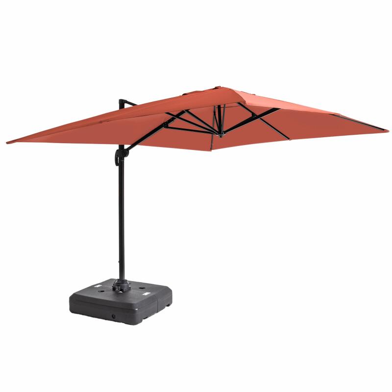 Parasol excéntrico 4x3 m rectangular inclinable giratorio 360° y losa lastrada sobre ruedas 100L