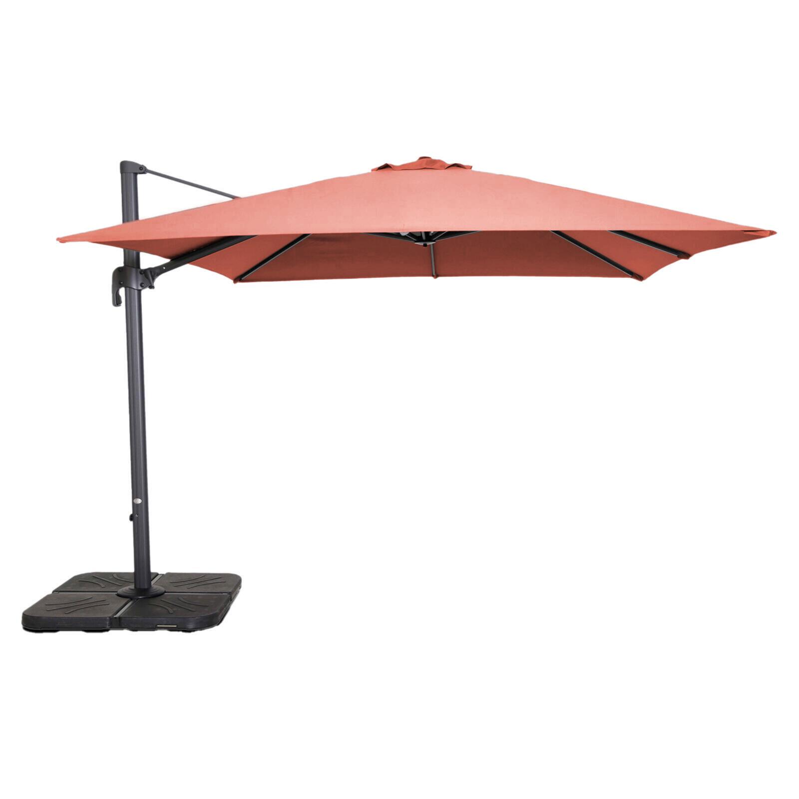 Parasol excéntrico 3x3 m cuadrado inclinable giratorio 360° y 4 losas de lastre rellenables