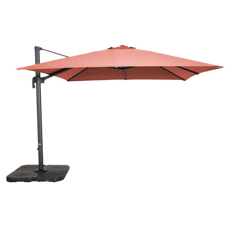 Parasol excéntrico 3x3 m cuadrado inclinable giratorio 360° y 4 losas de lastre rellenables
