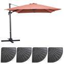 Parasol excéntrico 3x3 m cuadrado inclinable giratorio 360° y 4 losas lastradas