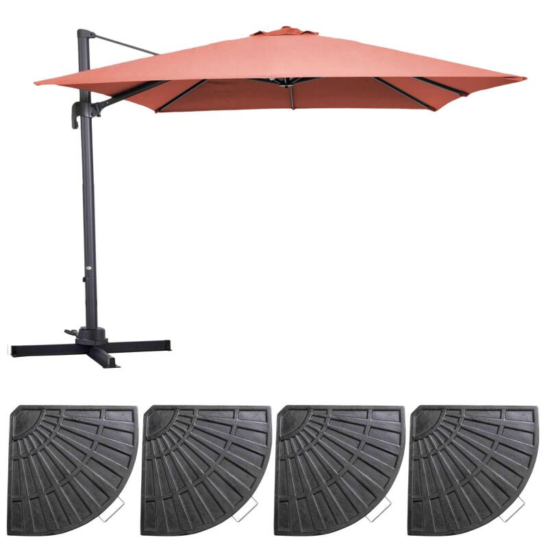 Parasol excéntrico 3x3 m cuadrado inclinable giratorio 360° y 4 losas lastradas