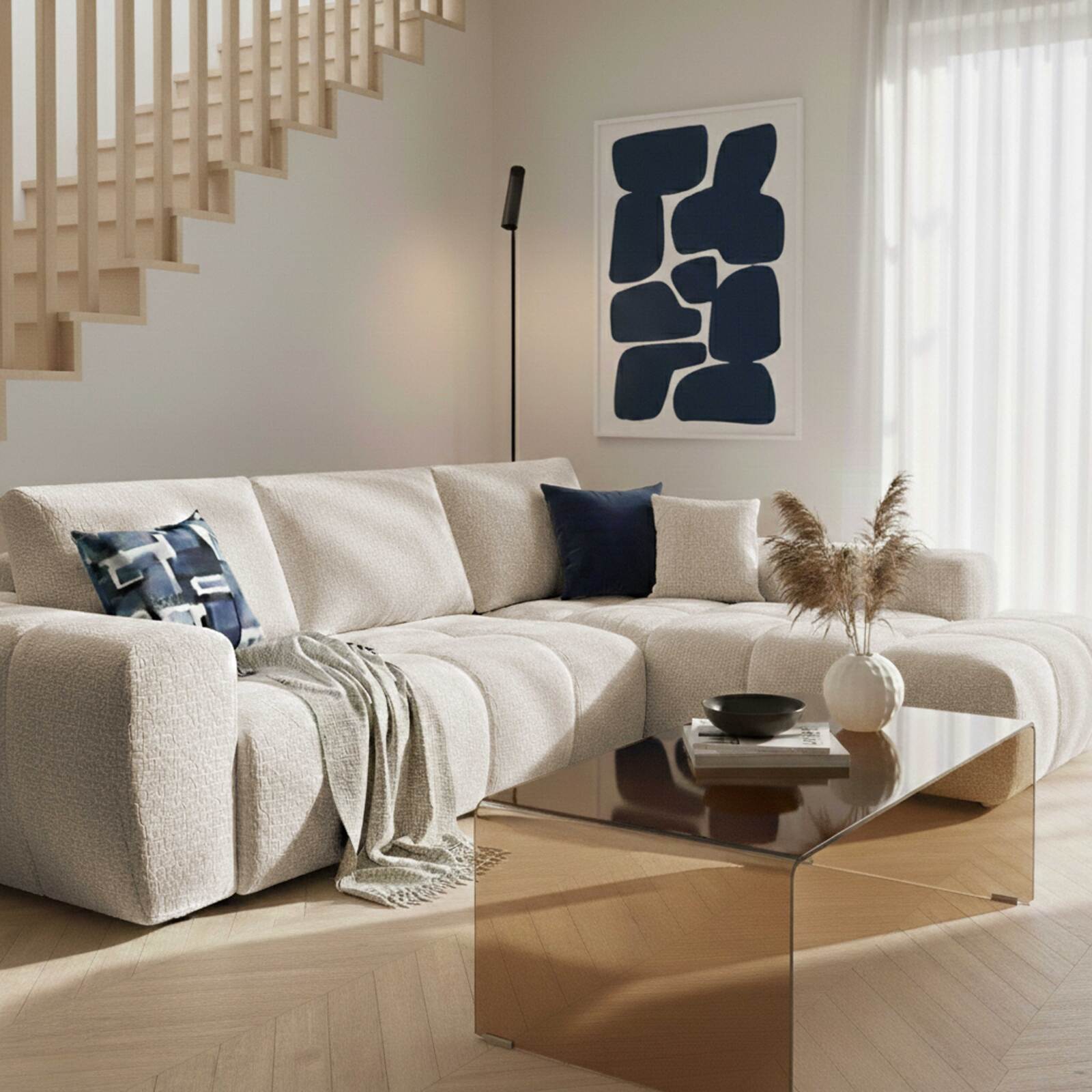 Sofá esquinero de 3 plazas de tela con chaise longue derecha y cojines