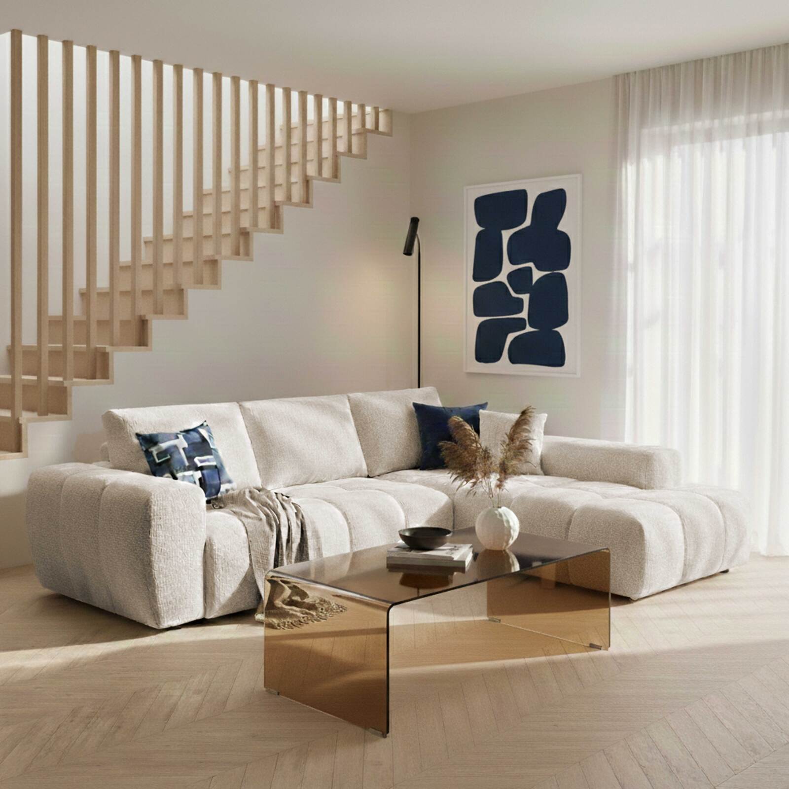 Sofá esquinero de 3 plazas de tela con chaise longue derecha y cojines