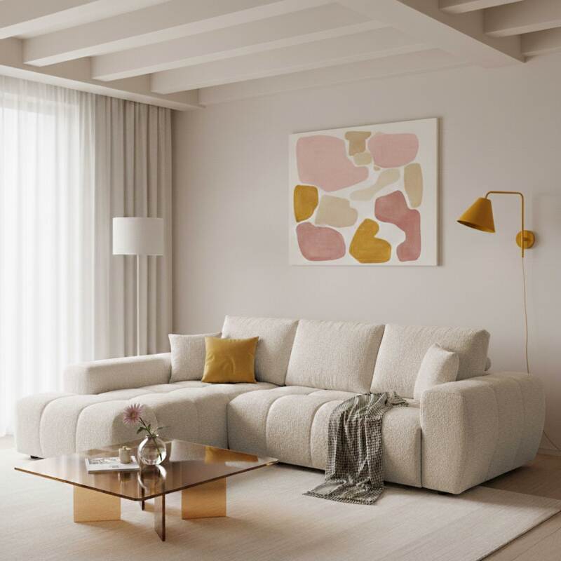 Sofá esquinero de 3 plazas de tela con chaise longue izquierda y cojines