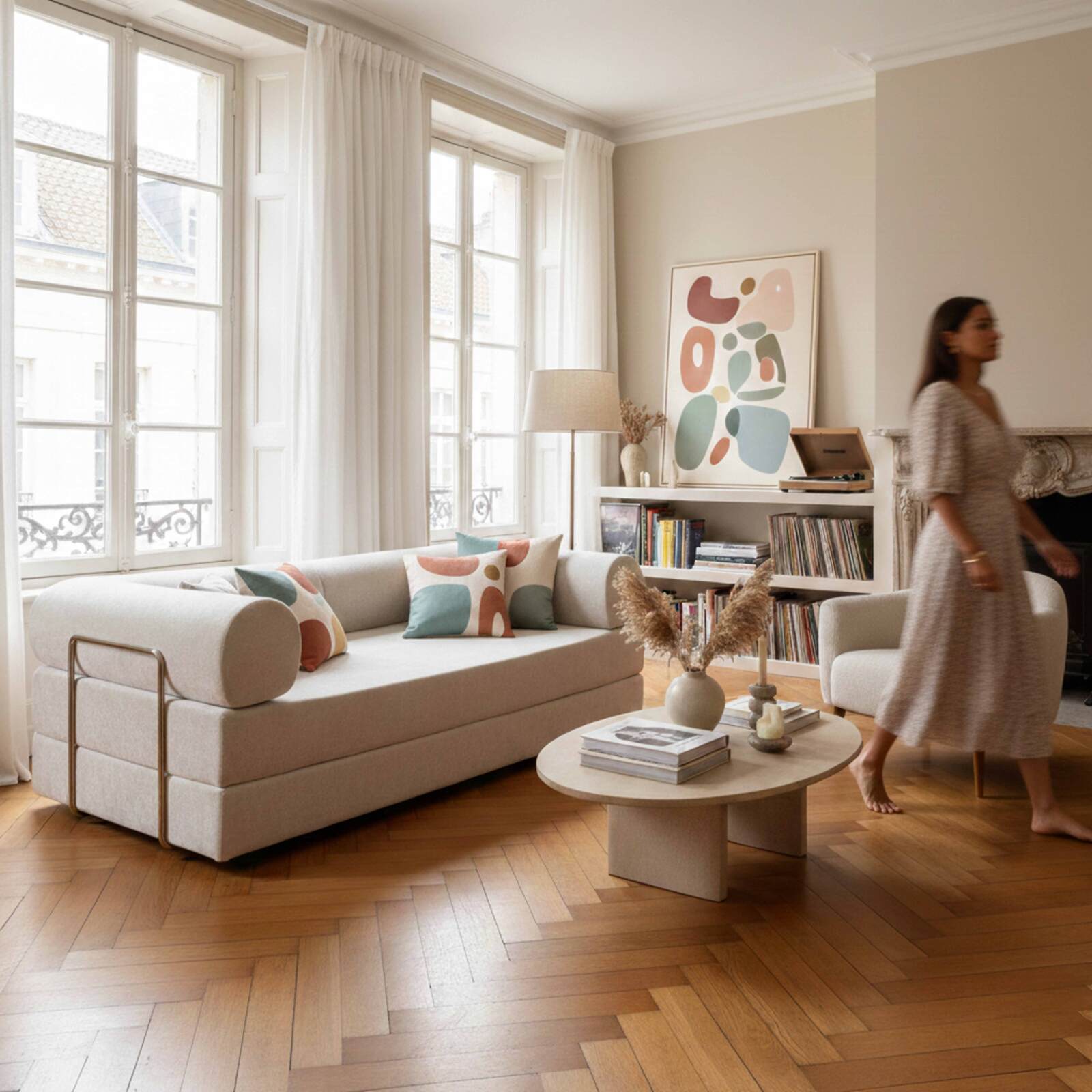 Sofá cama 2 plazas de tela con cojines