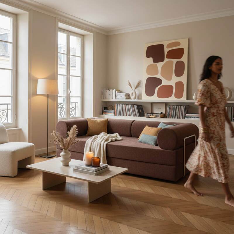 Sofá cama 2 plazas de tela con cojines