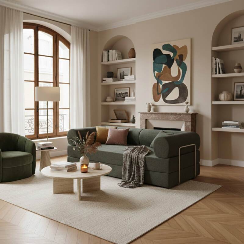 Sofá cama 2 plazas de tela con cojines