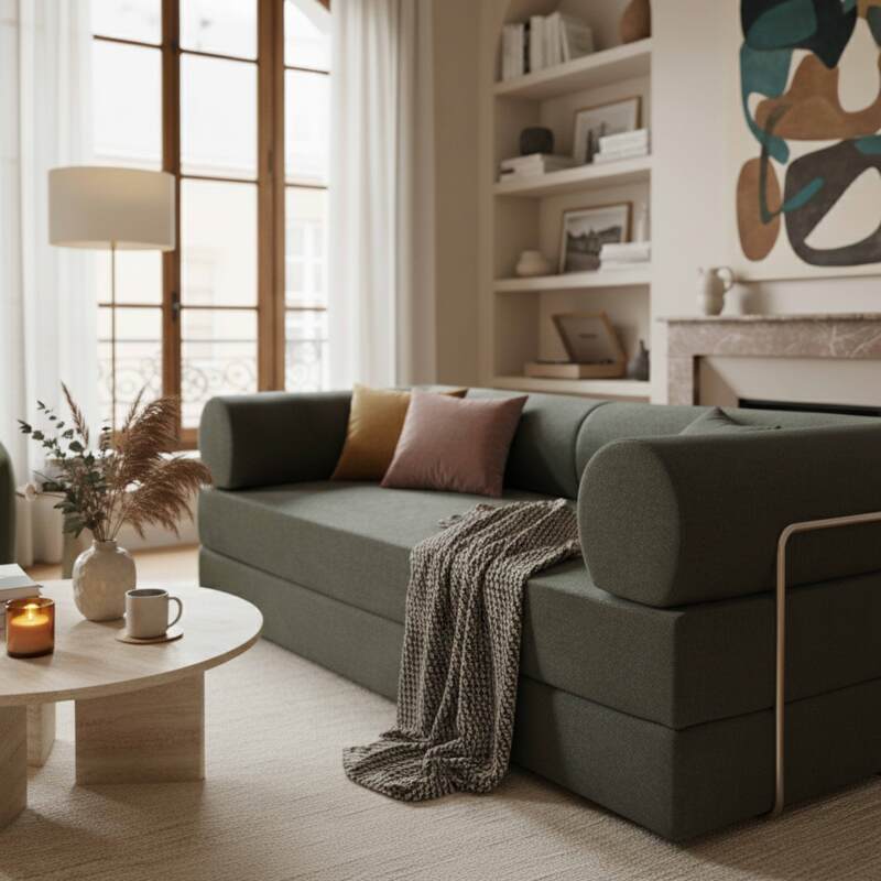 Sofá cama 2 plazas de tela con cojines (2/7)