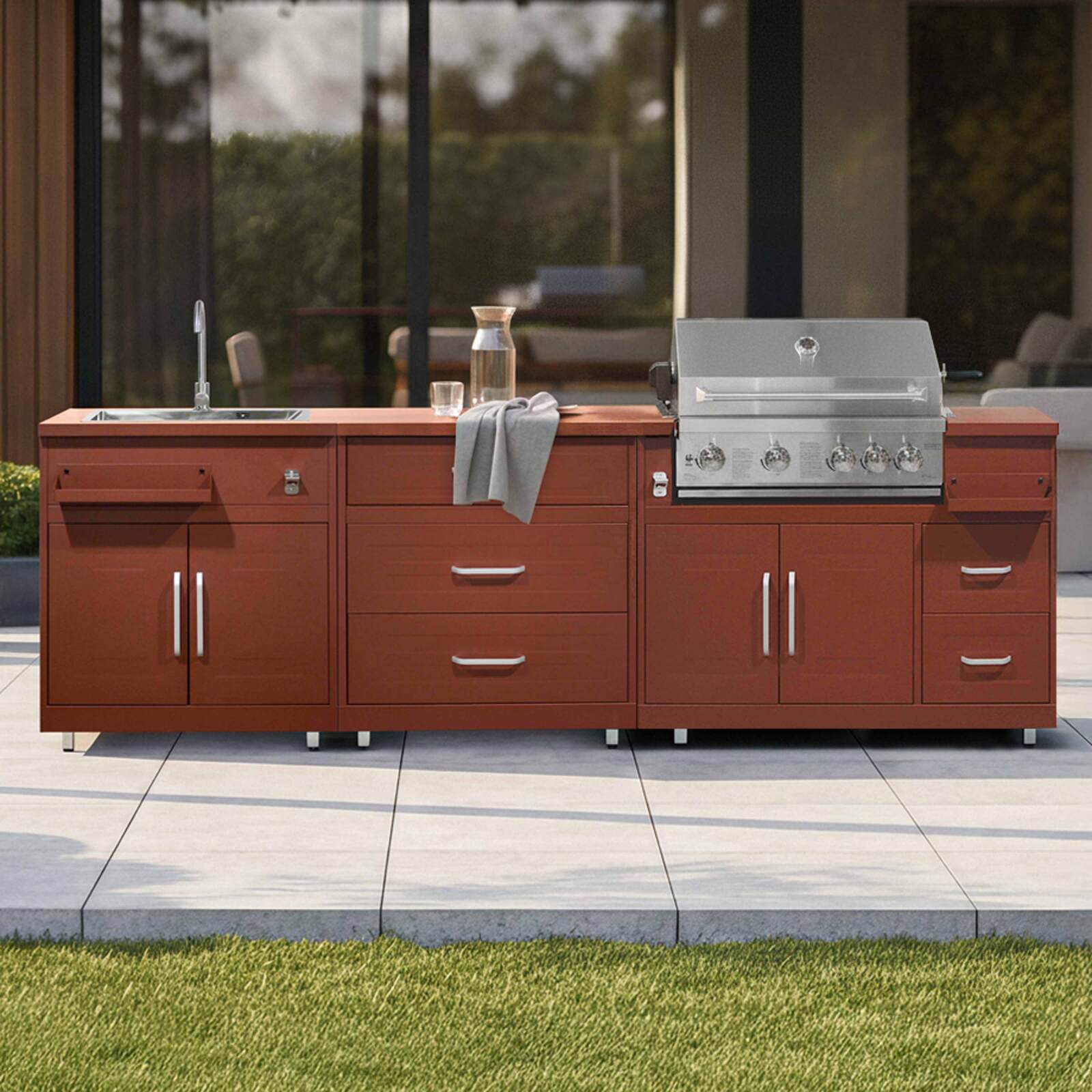 Cocina de exterior de metal con fregadero de exterior, barbacoa y almacenaje - 3 módulos