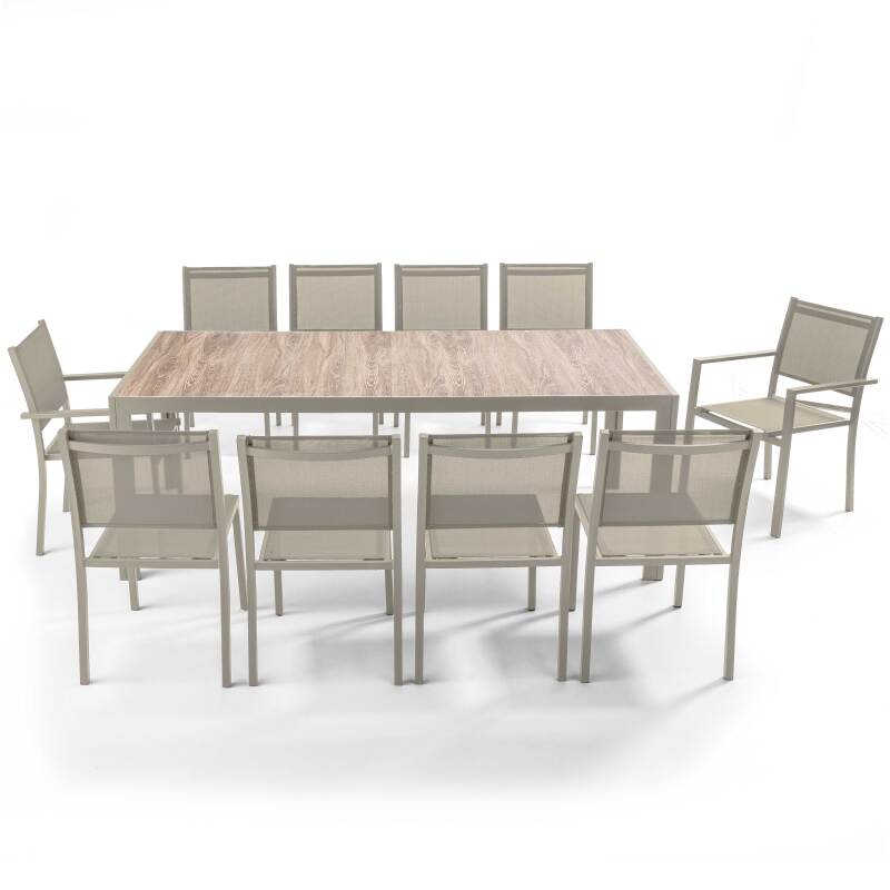 Mesa de jardín de aluminio y cerámica efecto madera 206x100 cm y 10 sillas en textilene (5/8)