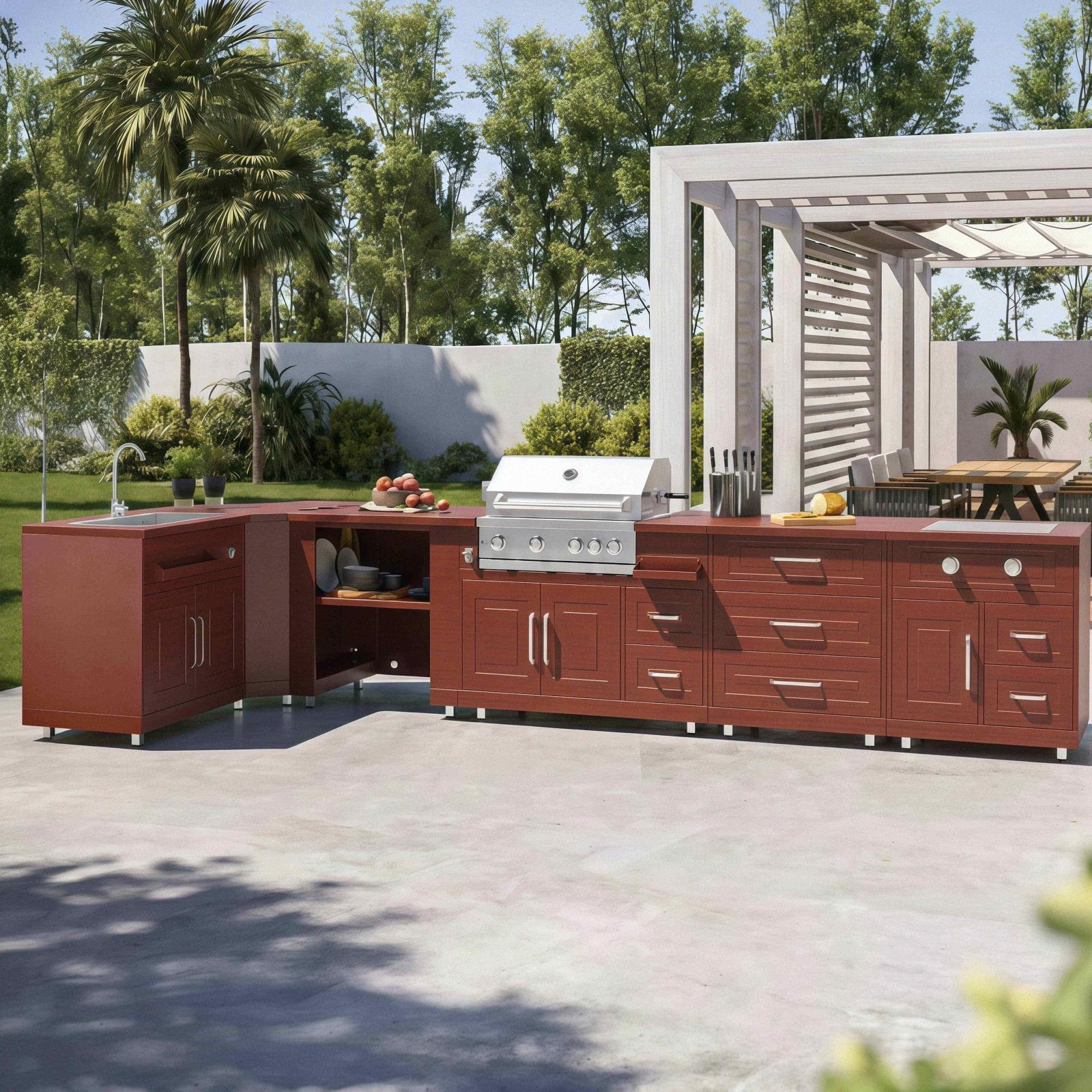 Cocina de exterior de metal de esquina con fregadero de exterior, cocina de gas, barbacoa y almacenaje - 6 módulos