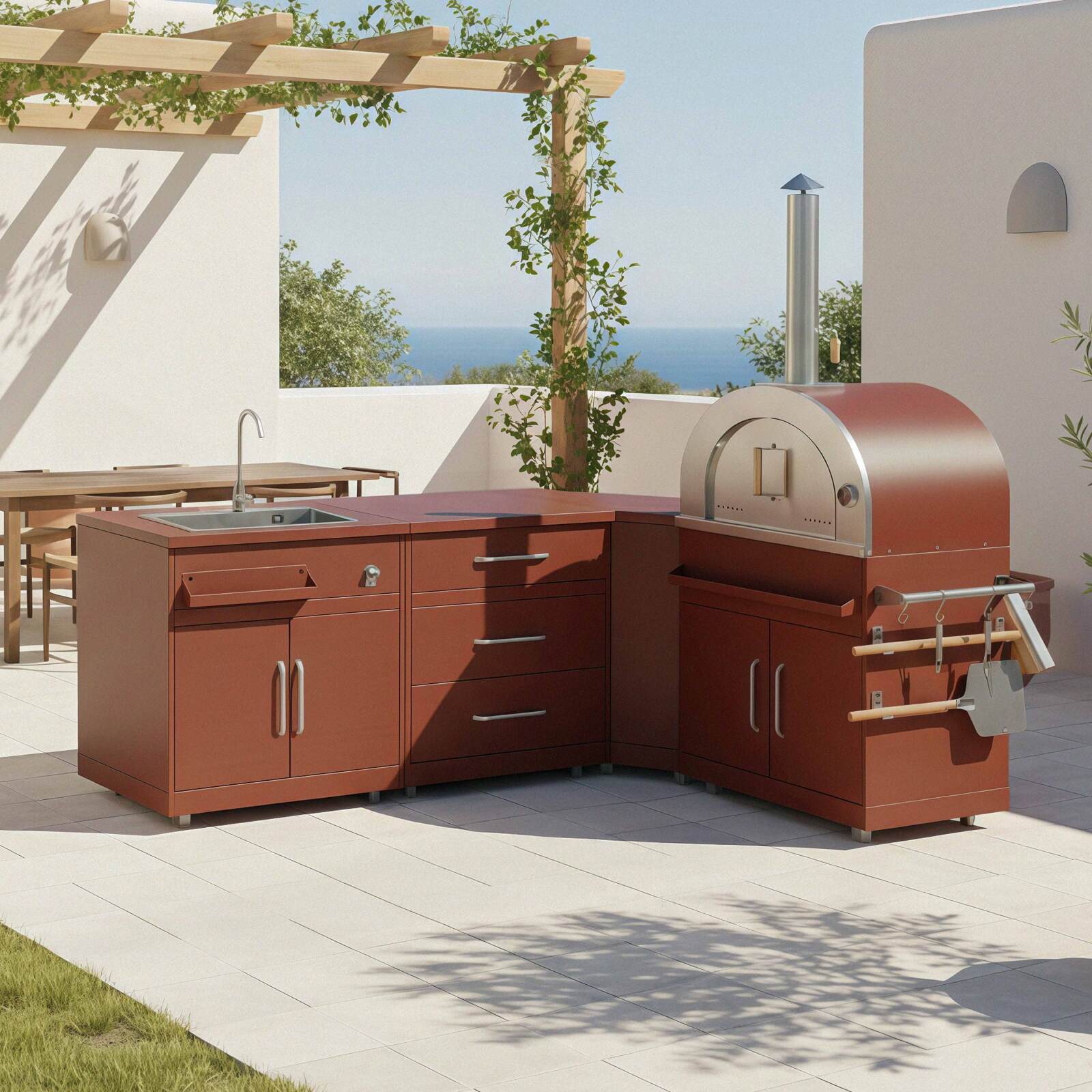 Cocina de exterior de metal de esquina con fregadero de exterior, horno a pizza y almacenaje - 4 módulos