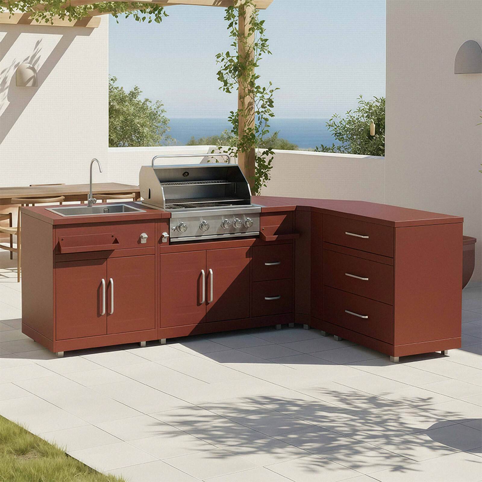 Cocina de exterior de metal de esquina con fregadero de exterior, barbacoa y almacenaje - 4 módulos