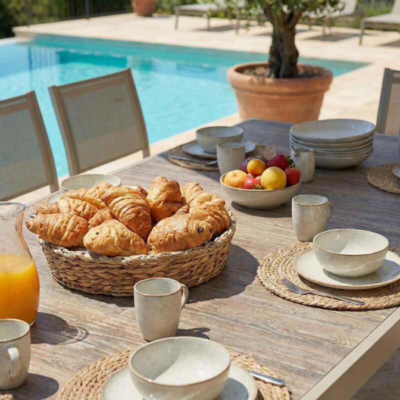 Mesa de jardín de aluminio y cerámica efecto madera 206x100 cm y 10 sillas en textilene (4/8)