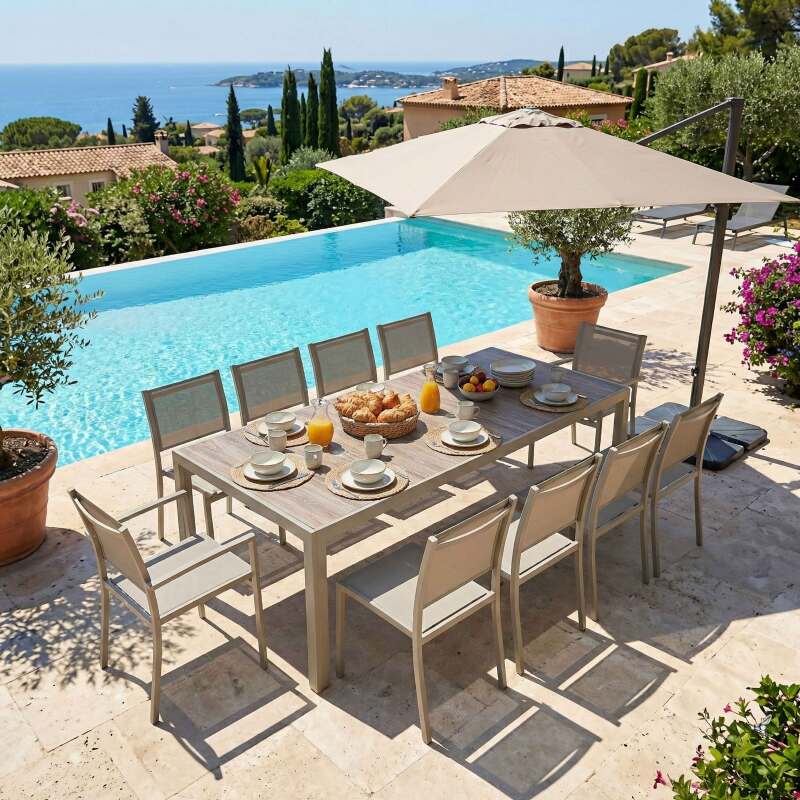 Mesa de jardín de aluminio y cerámica efecto madera 206x100 cm y 10 sillas en textilene