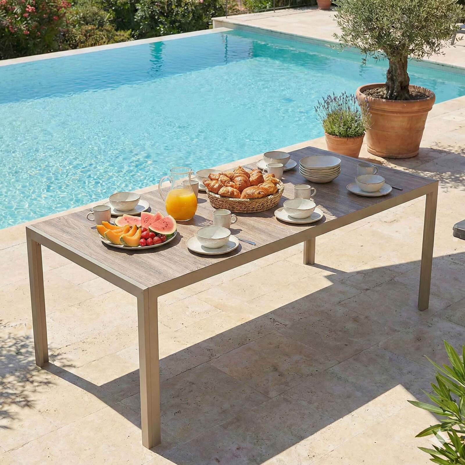 Mesa de jardín de aluminio y cerámica efecto madera 8 personas 206x100 cm