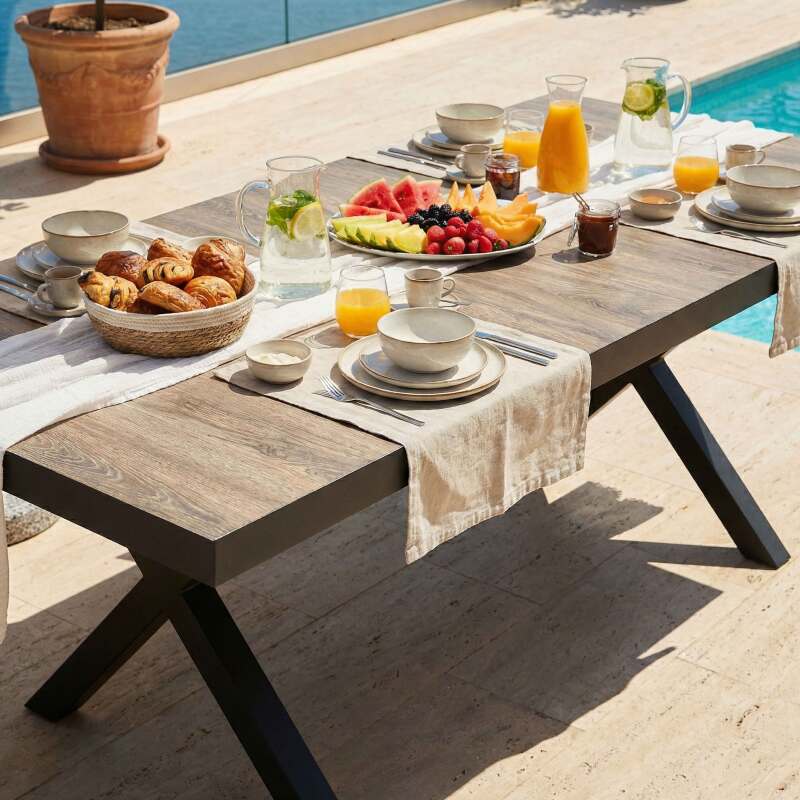 Mesa de jardín de aluminio y cerámica efecto madera 8 personas 201x100 cm (2/8)