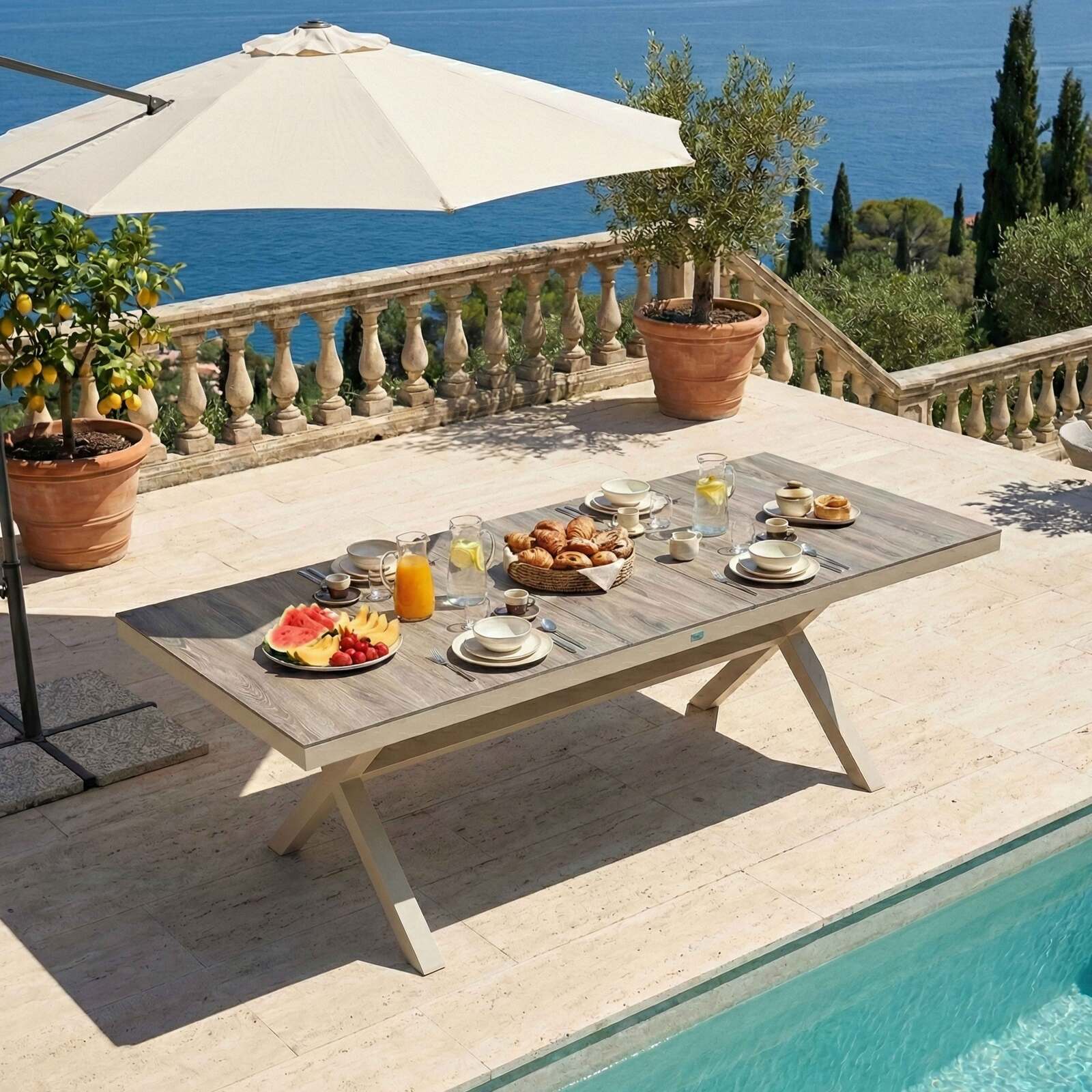 Mesa de jardín de aluminio y cerámica efecto madera 8 personas 201x100 cm