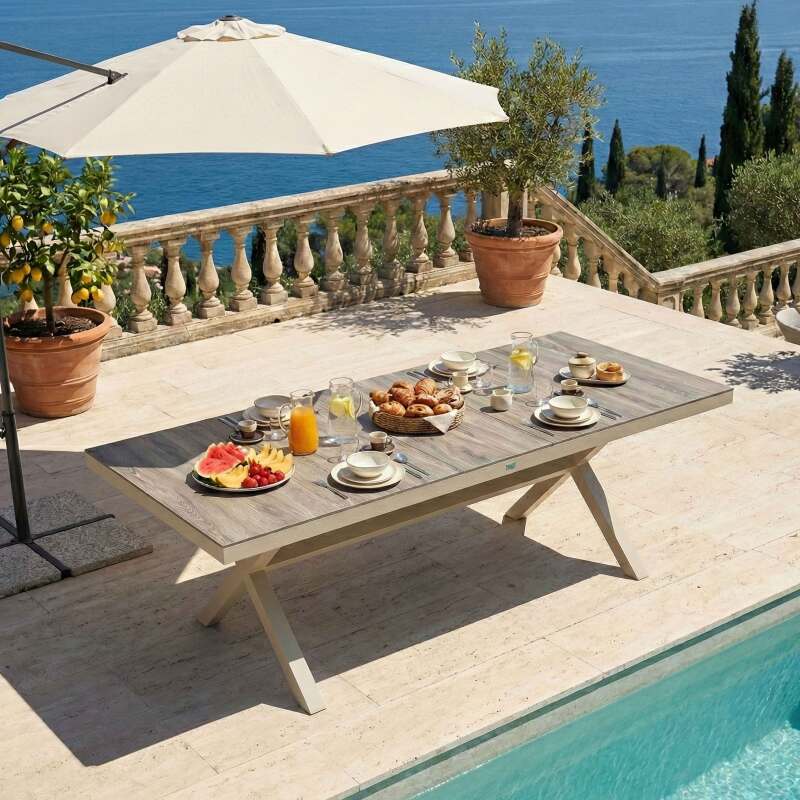 Mesa de jardín de aluminio y cerámica efecto madera 8 personas 201x100 cm