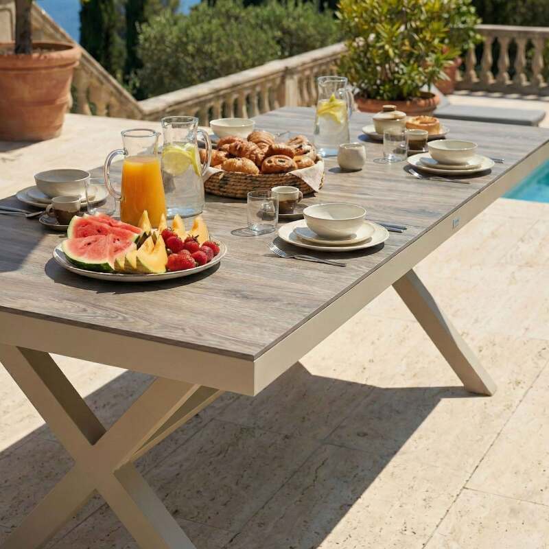 Mesa de jardín de aluminio y cerámica efecto madera 8 personas 201x100 cm (2/8)