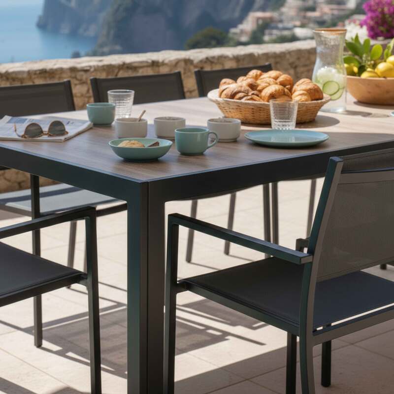 Mesa de jardín de aluminio y cerámica efecto madera 206x100 cm y 8 sillas en textilene (3/8)