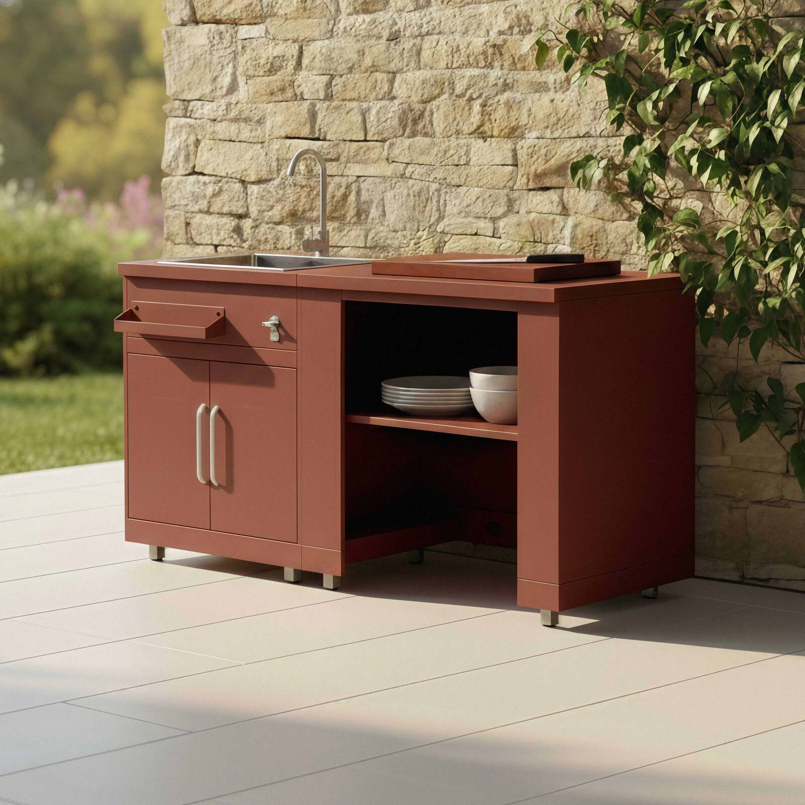 Cocina de exterior de metal con fregadero de exterior y almacenaje - 2 módulos