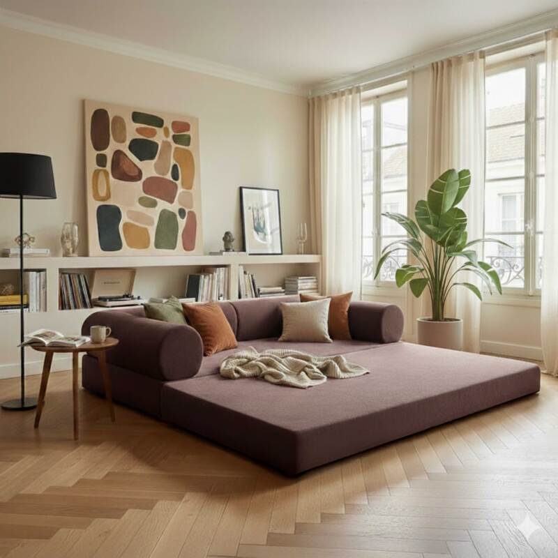 Sofá cama 2 plazas de tela con cojines modulares (4/8)