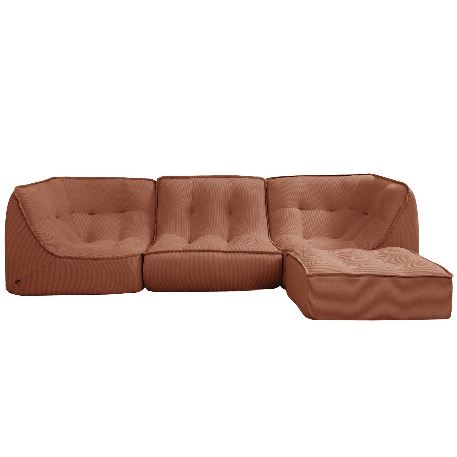 Sofá modular de 3 plazas de tejido acanalado con puf