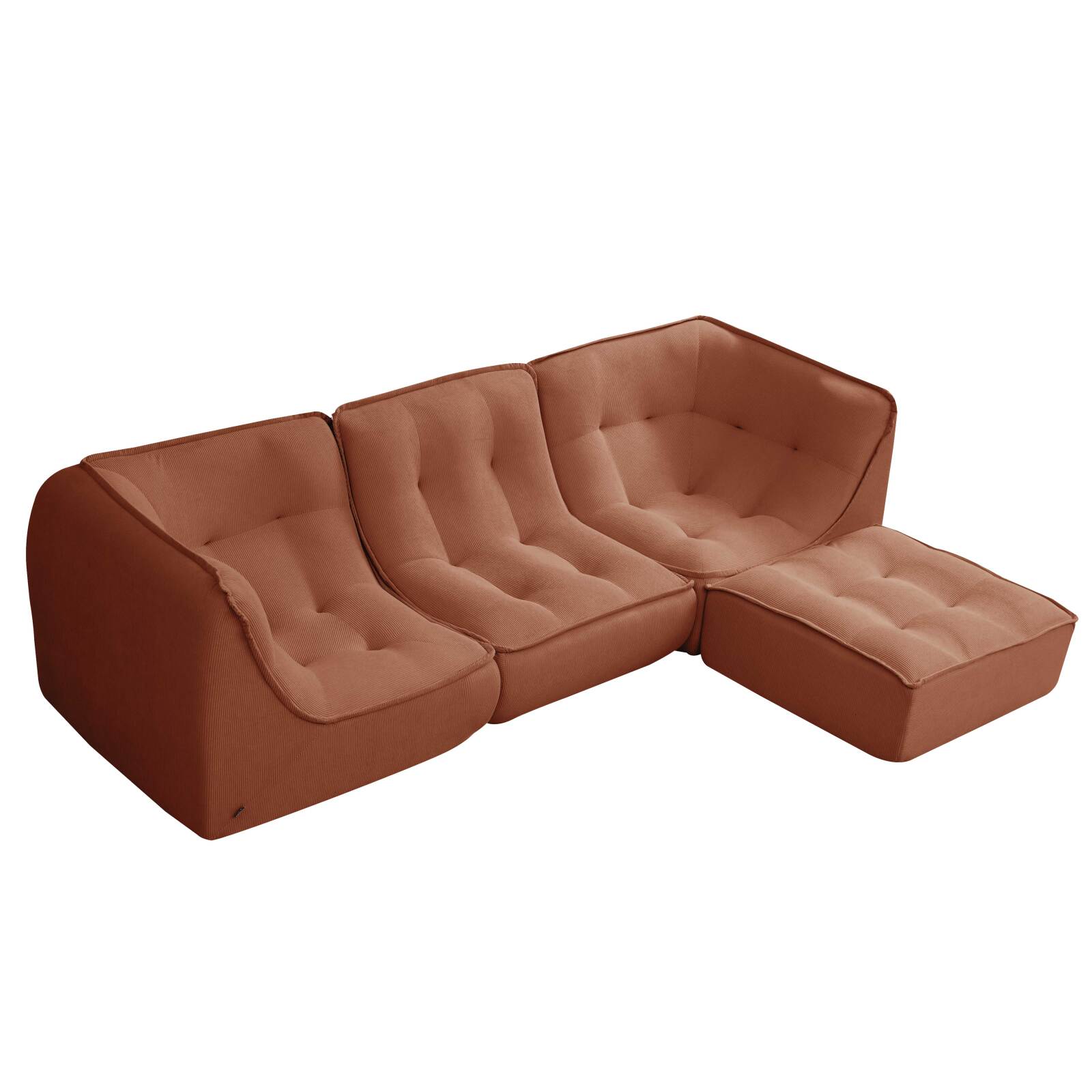 Sofá modular de 3 plazas de tejido acanalado con puf