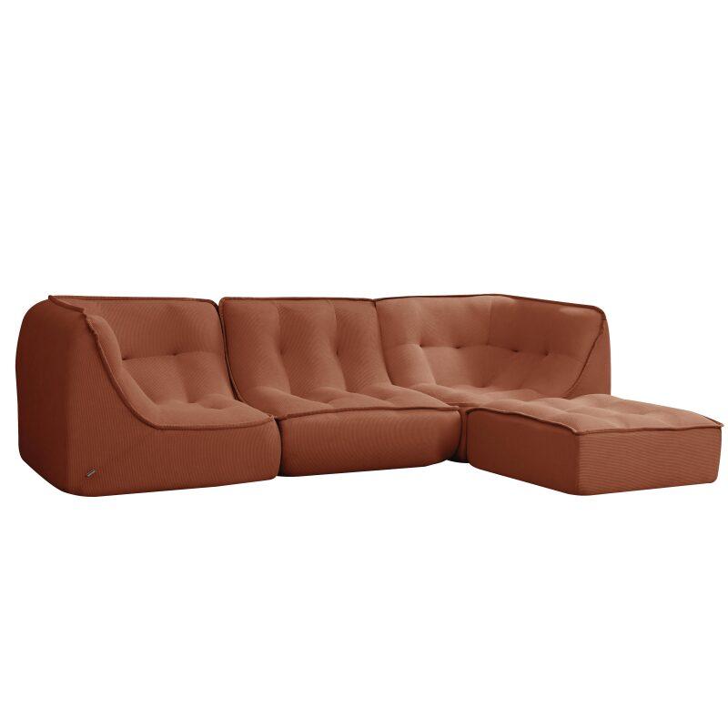 Sofá modular de 3 plazas de tejido acanalado con puf