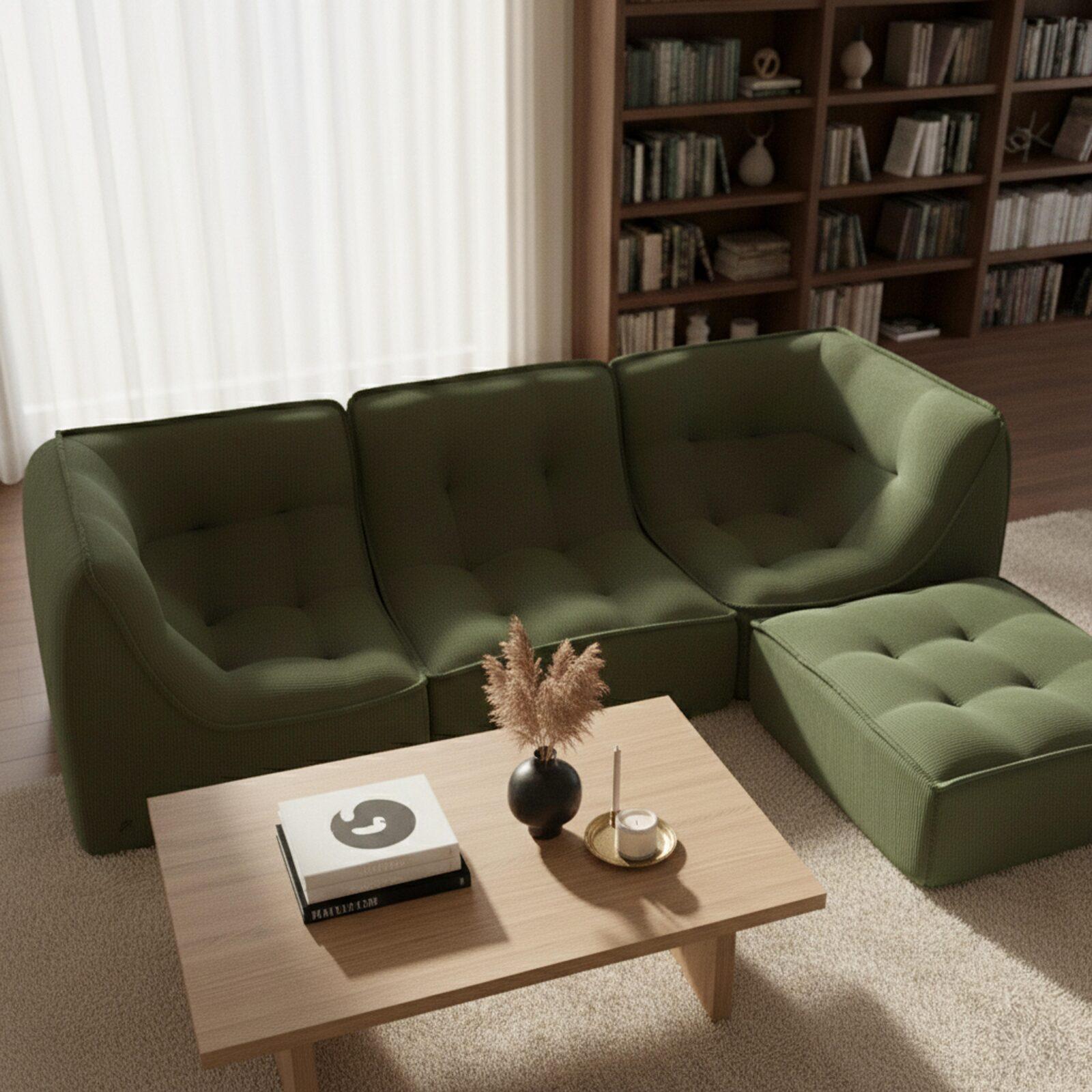 Sofá modular de 3 plazas de tejido acanalado con puf