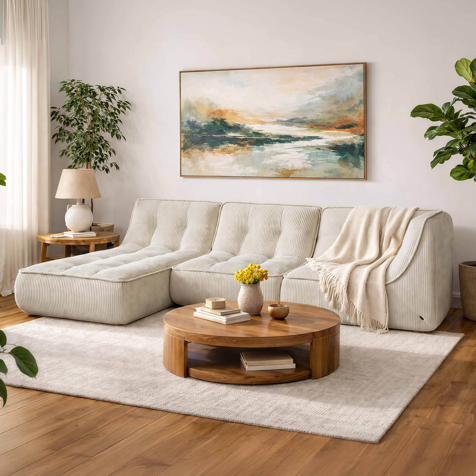 Sofá modular de 3 plazas de tejido de acanalado con chaise longue