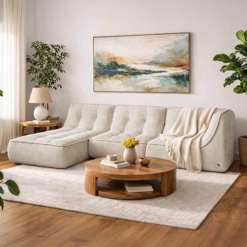 Sofá modular de 3 plazas de tejido de acanalado con chaise longue