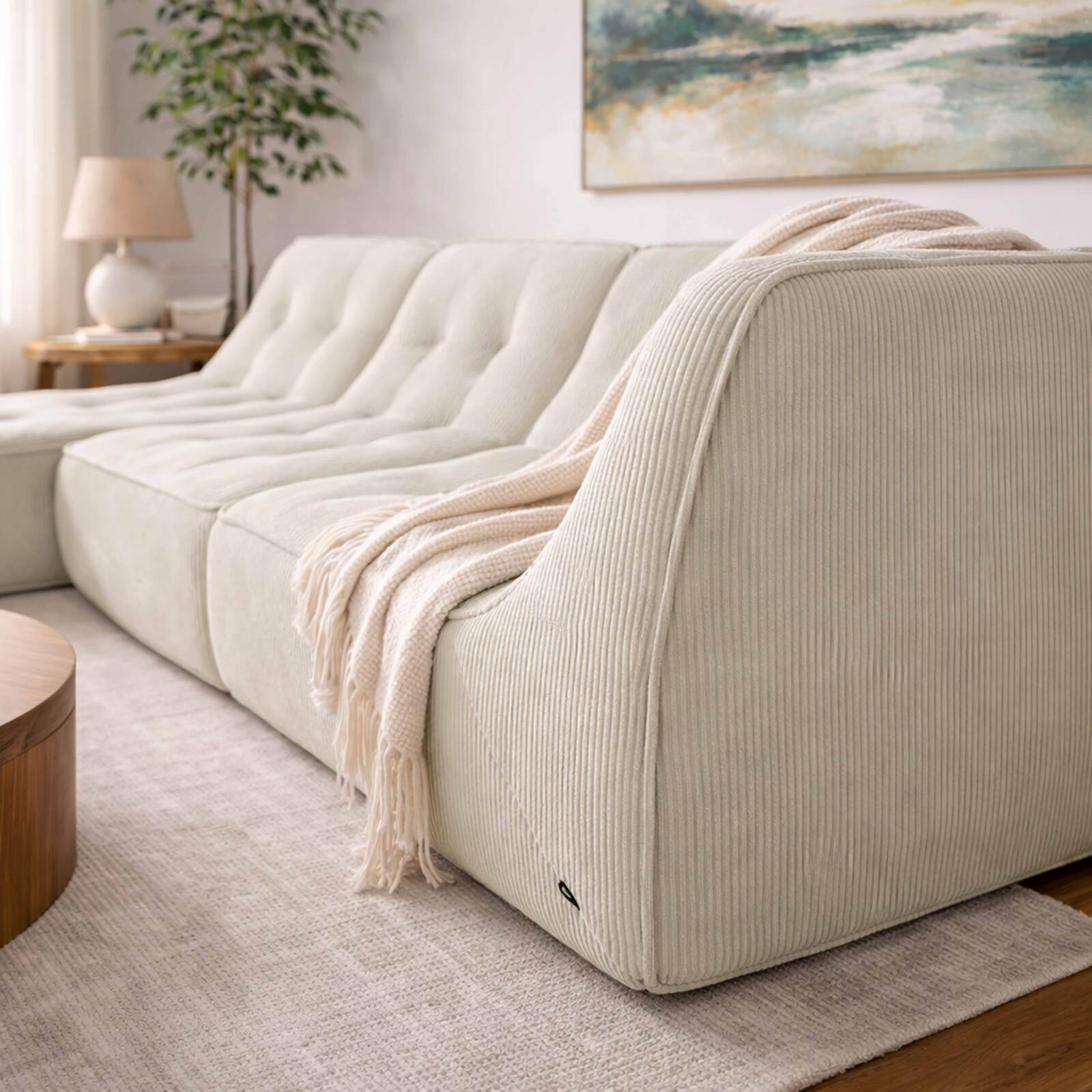 Sofá modular de 3 plazas de tejido de acanalado con chaise longue