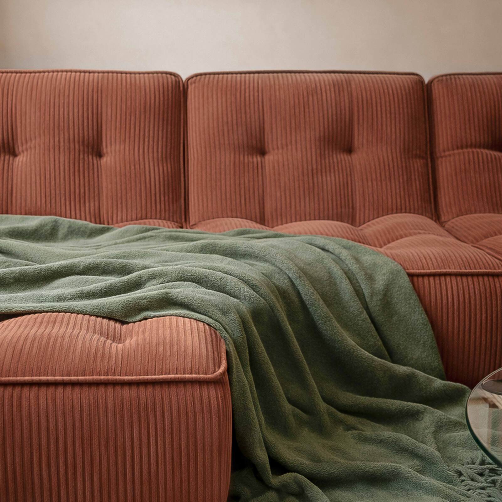 Sofá modular de 3 plazas de tejido de acanalado con chaise longue