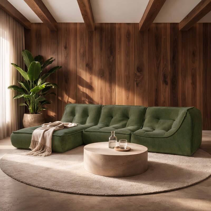 Sofá modular de 3 plazas de tejido de acanalado con chaise longue