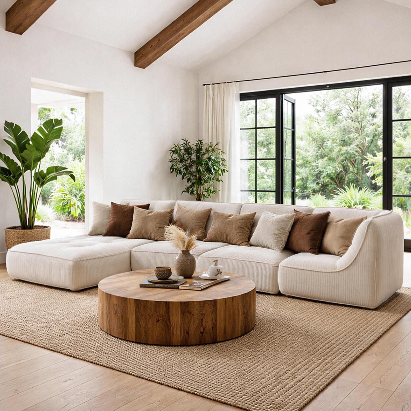 Sofá modular de 4 plazas de tejido de acanalado con chaise longue